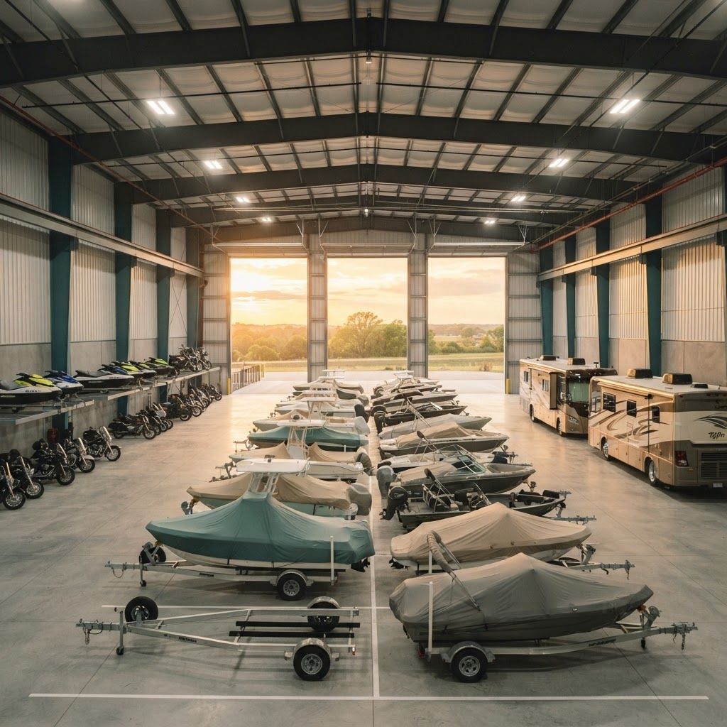 A spacious indoor storage facility with boats, RVs, and motorcycles neatly stored